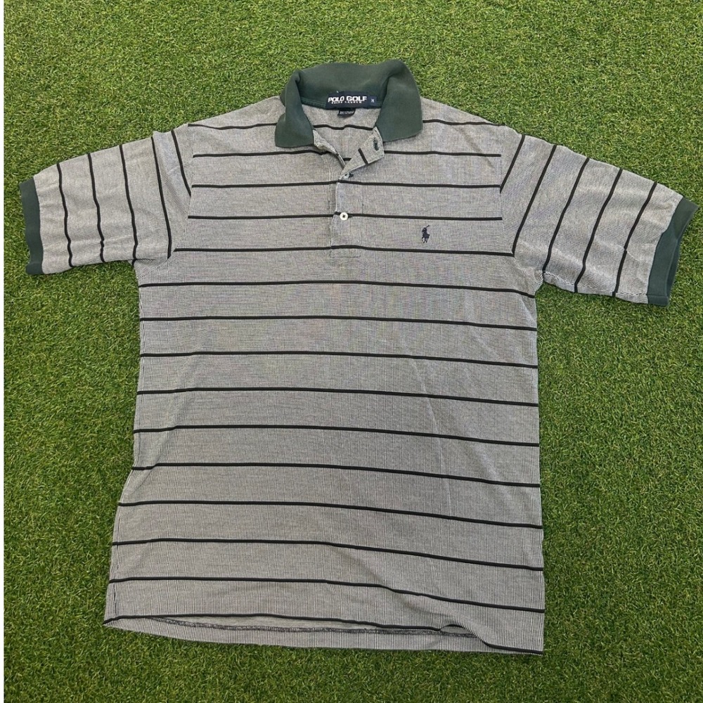 Polo Golf Ralph Lauren Mens M Grey Black Striped Cotton Polo Shirt Short Sleeve